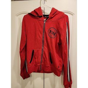 WOMEN'S JUNIORS SZ S PINK LONG SLEEVE " STRIPED" 1986 HOODED FULL ZIP JACKET